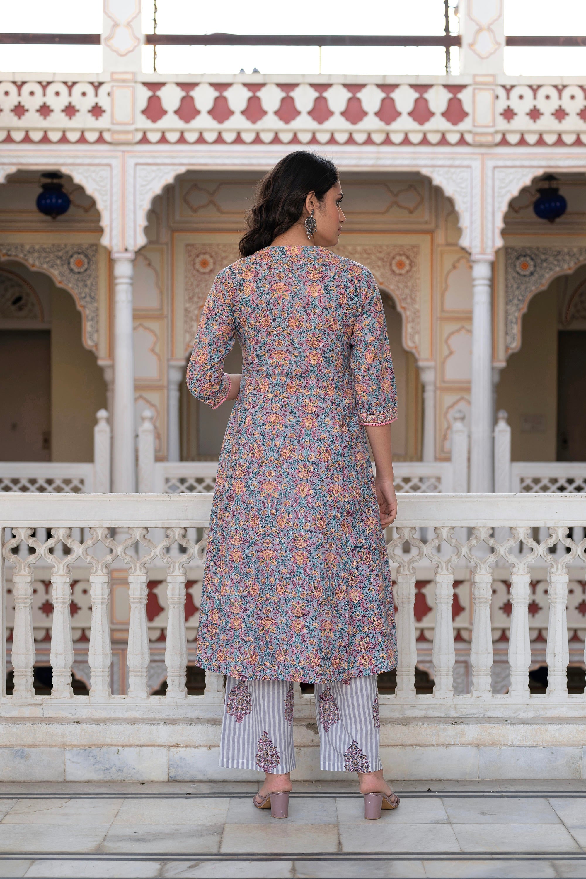 Juniper Lavender Cotton Flared Kurta-Pant & Dupatta Set With Floral Print, Thread Work, Lace & Sequins - Distacart