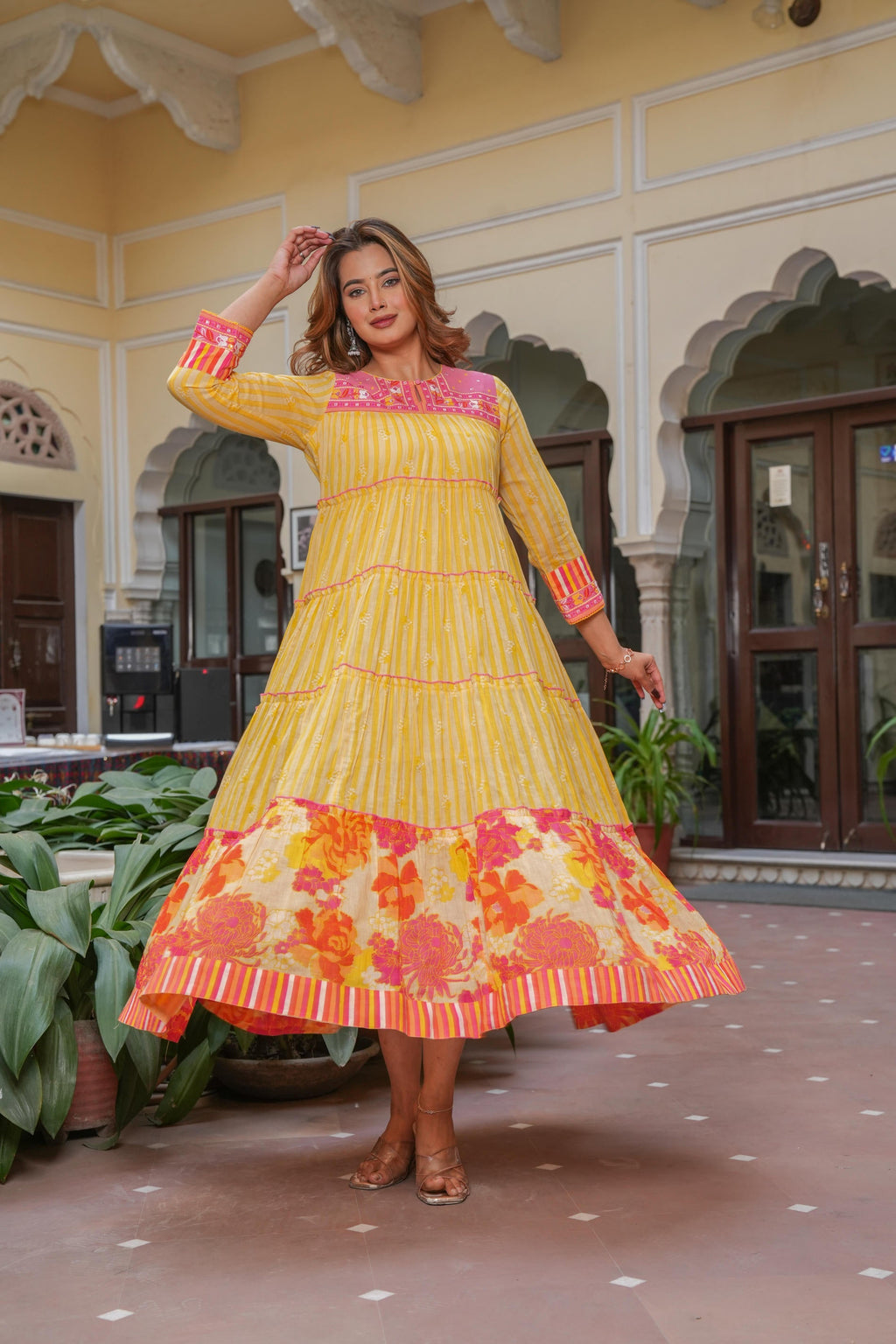 Juniper Mustard Flared Panelled Dress with Printed Floral Hem and Yoke Embroidery - Distacart