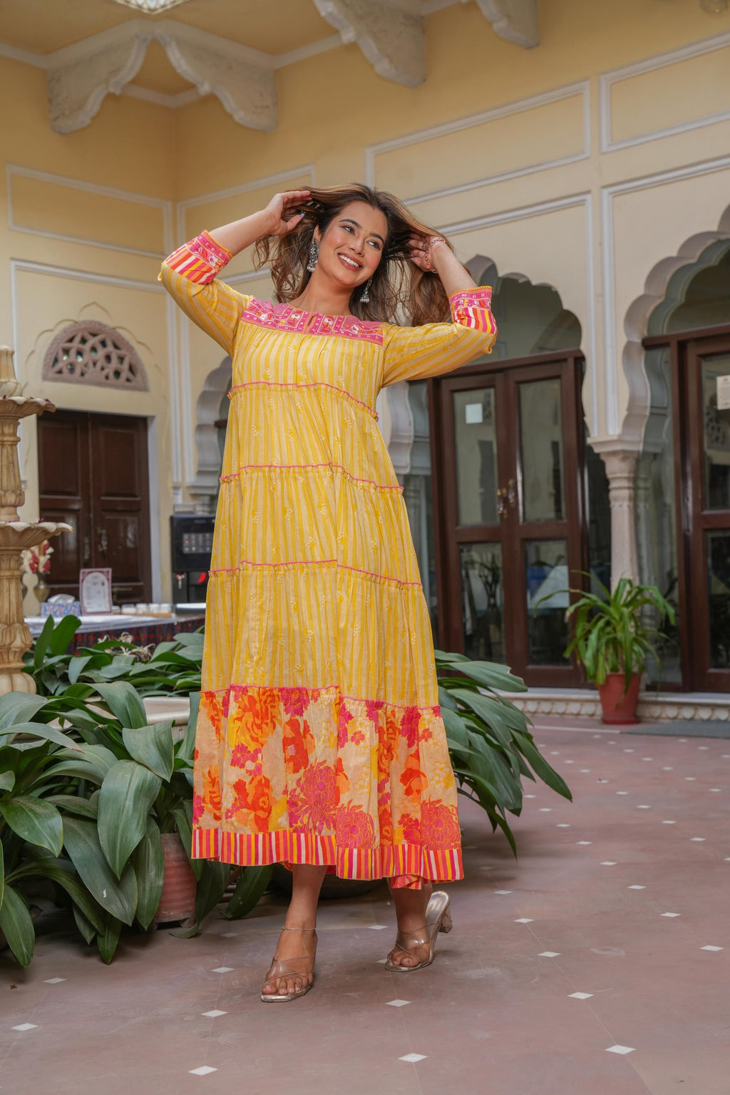 Juniper Mustard Flared Panelled Dress with Printed Floral Hem and Yoke Embroidery - Distacart