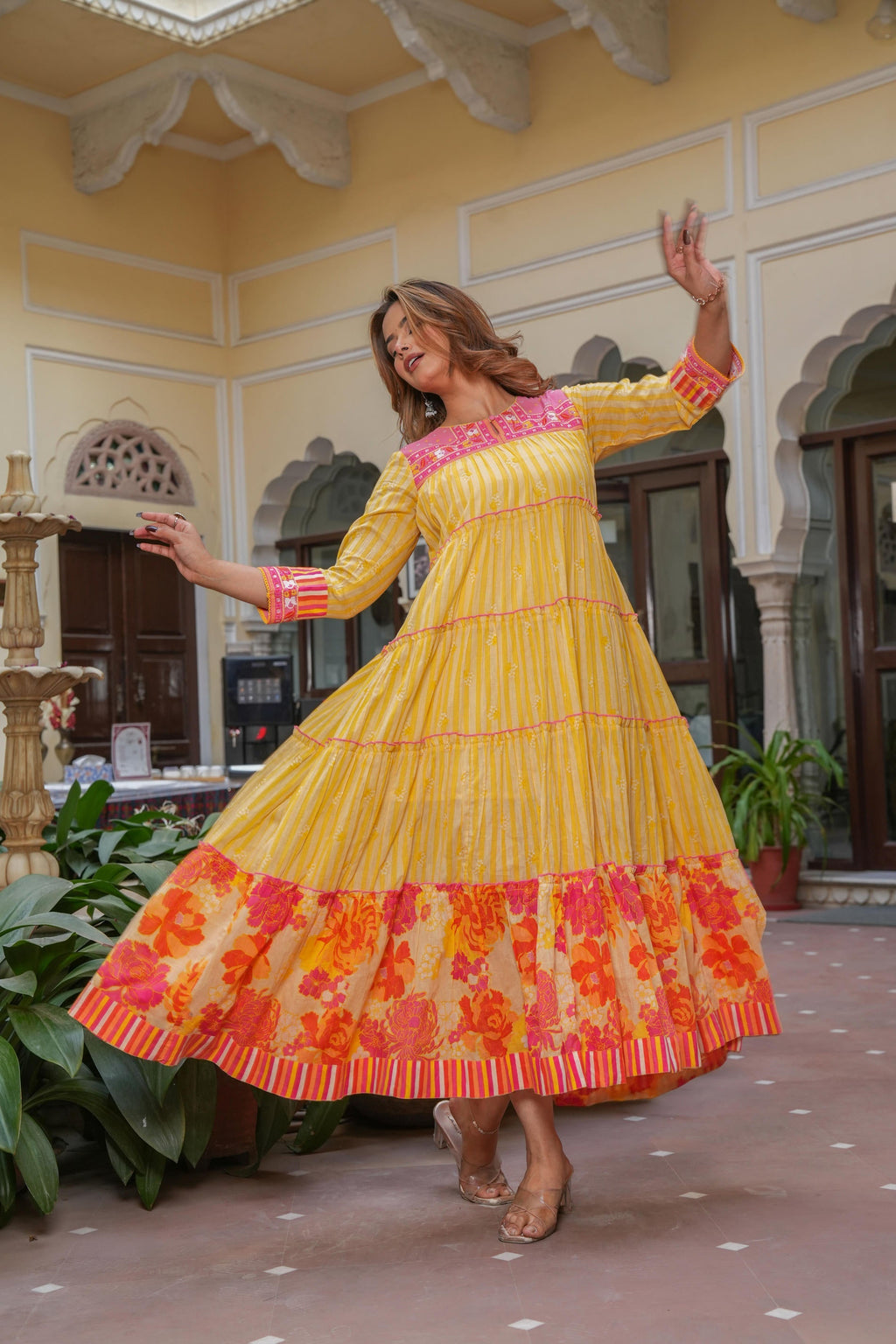 Juniper Mustard Flared Panelled Dress with Printed Floral Hem and Yoke Embroidery - Distacart