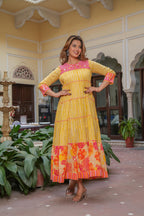 Juniper Mustard Flared Panelled Dress with Printed Floral Hem and Yoke Embroidery - Distacart
