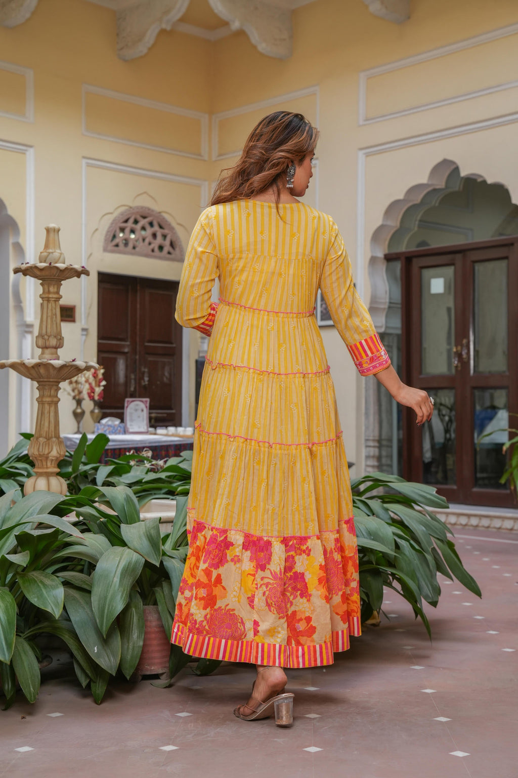 Juniper Mustard Flared Panelled Dress with Printed Floral Hem and Yoke Embroidery - Distacart