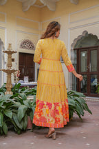 Juniper Mustard Flared Panelled Dress with Printed Floral Hem and Yoke Embroidery - Distacart