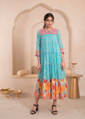 Juniper Skyblue Flared Panelled Dress with Printed Floral Hem and Yoke Embroidery - Distacart