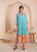 Juniper Skyblue Flared Panelled Dress with Printed Floral Hem and Yoke Embroidery - Distacart