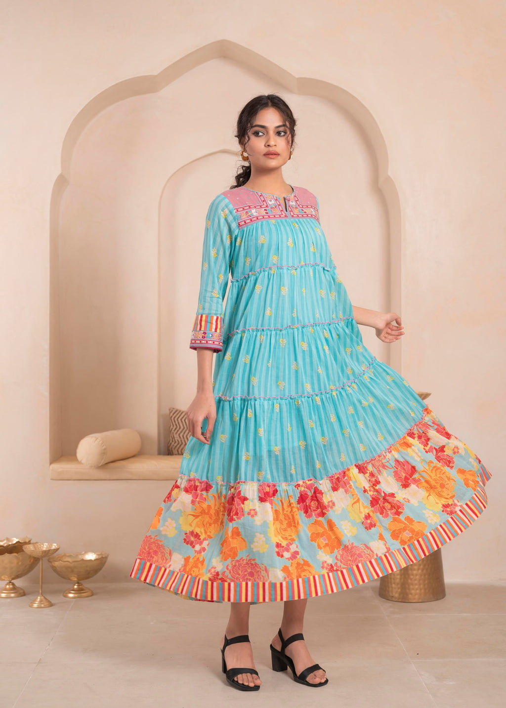 Juniper Skyblue Flared Panelled Dress with Printed Floral Hem and Yoke Embroidery - Distacart