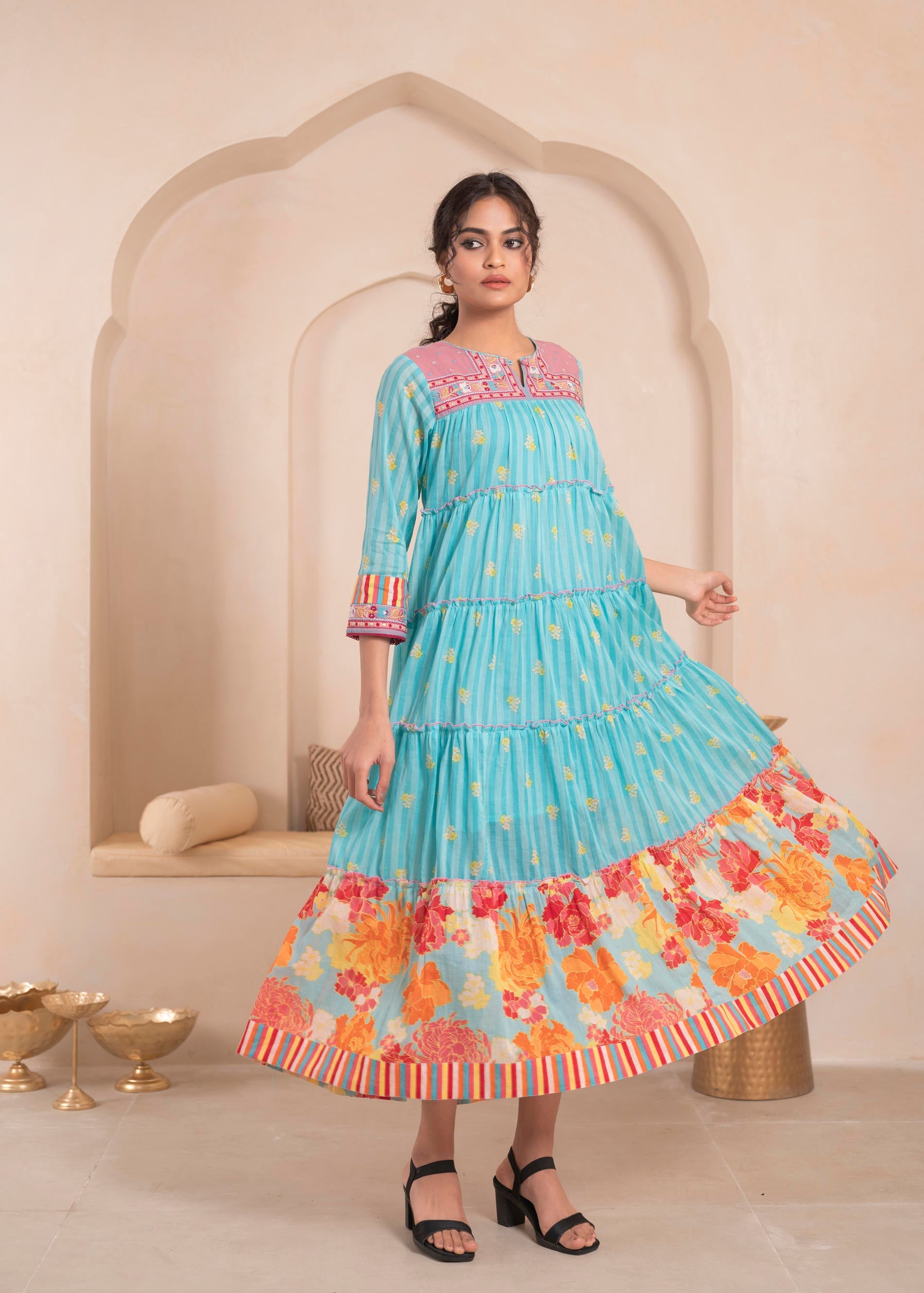 Juniper Skyblue Flared Panelled Dress with Printed Floral Hem and Yoke Embroidery - Distacart