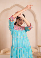 Juniper Skyblue Flared Panelled Dress with Printed Floral Hem and Yoke Embroidery - Distacart