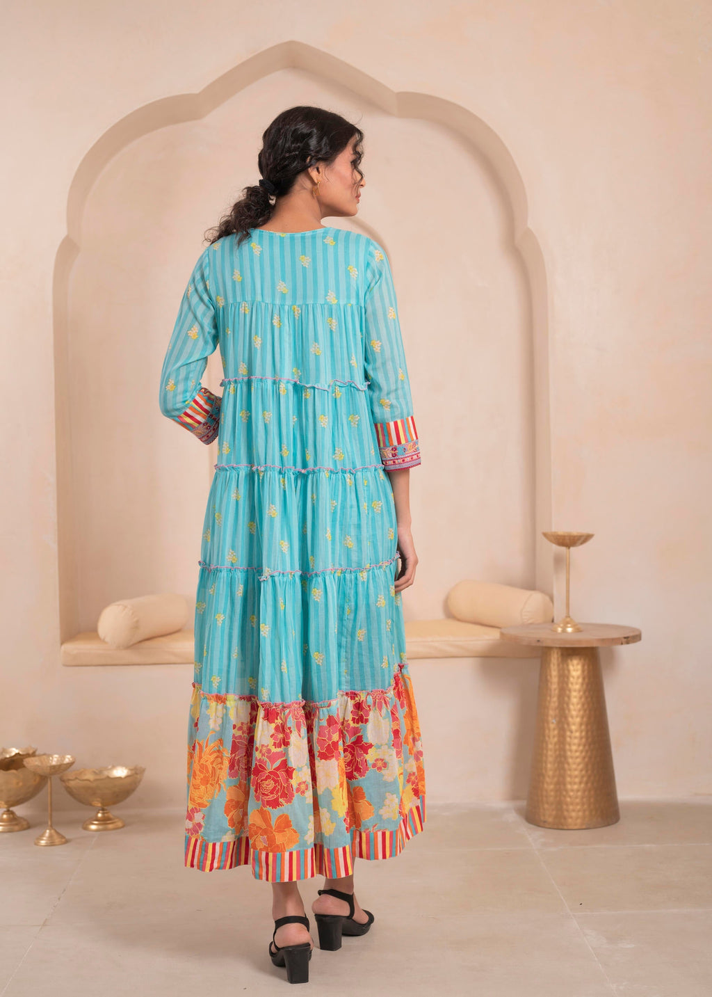 Juniper Skyblue Flared Panelled Dress with Printed Floral Hem and Yoke Embroidery - Distacart