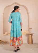 Juniper Skyblue Flared Panelled Dress with Printed Floral Hem and Yoke Embroidery - Distacart