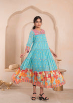 Juniper Skyblue Flared Panelled Dress with Printed Floral Hem and Yoke Embroidery - Distacart