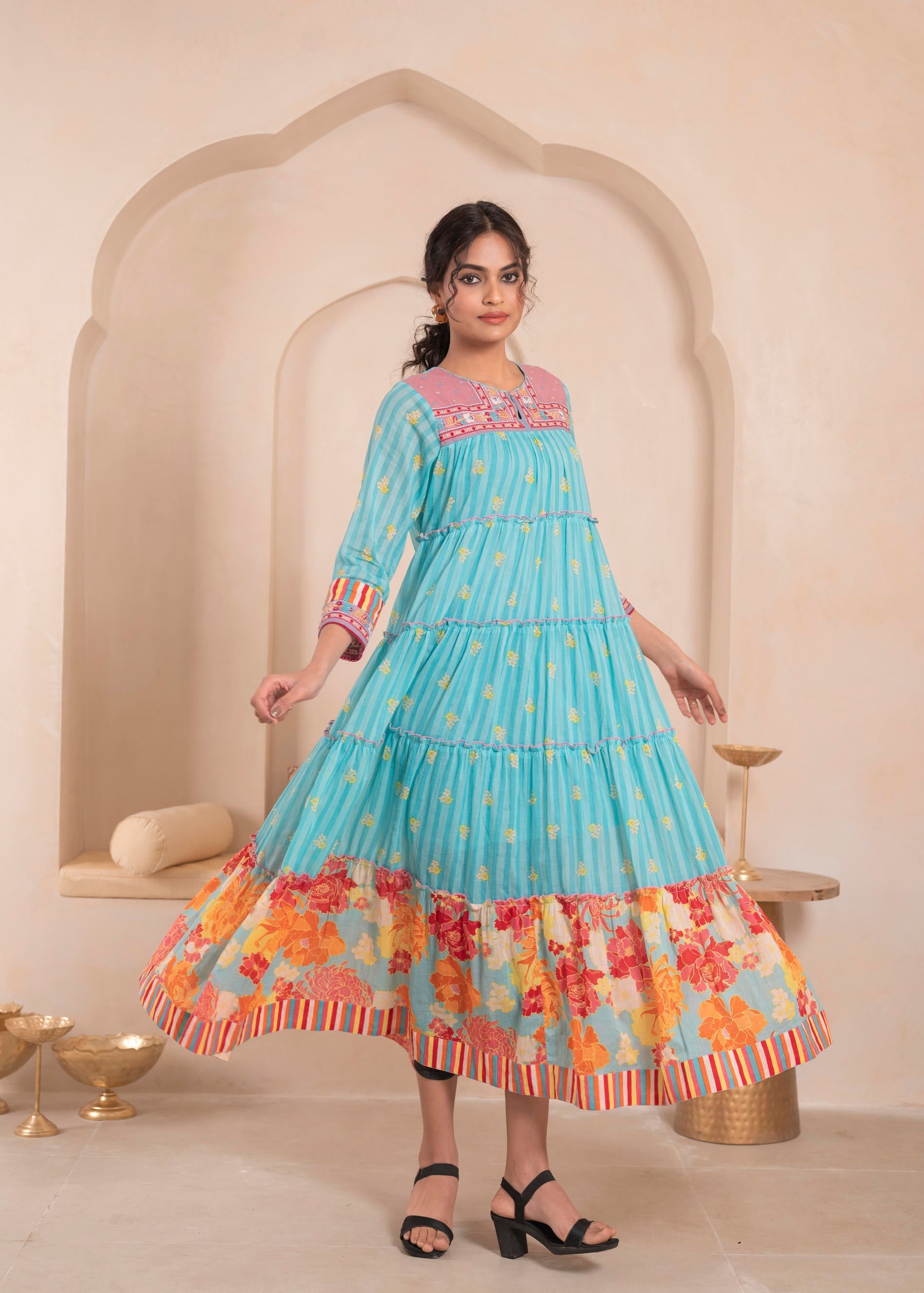 Juniper Skyblue Flared Panelled Dress with Printed Floral Hem and Yoke Embroidery - Distacart