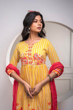 Juniper Mustard Cotton Kurta Pant & Chiffon Dupatta Set with Embroidered Floral Thread & Mirror Work - Distacart