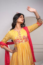 Juniper Mustard Cotton Kurta Pant & Chiffon Dupatta Set with Embroidered Floral Thread & Mirror Work - Distacart