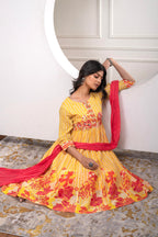 Juniper Mustard Cotton Kurta Pant & Chiffon Dupatta Set with Embroidered Floral Thread & Mirror Work - Distacart