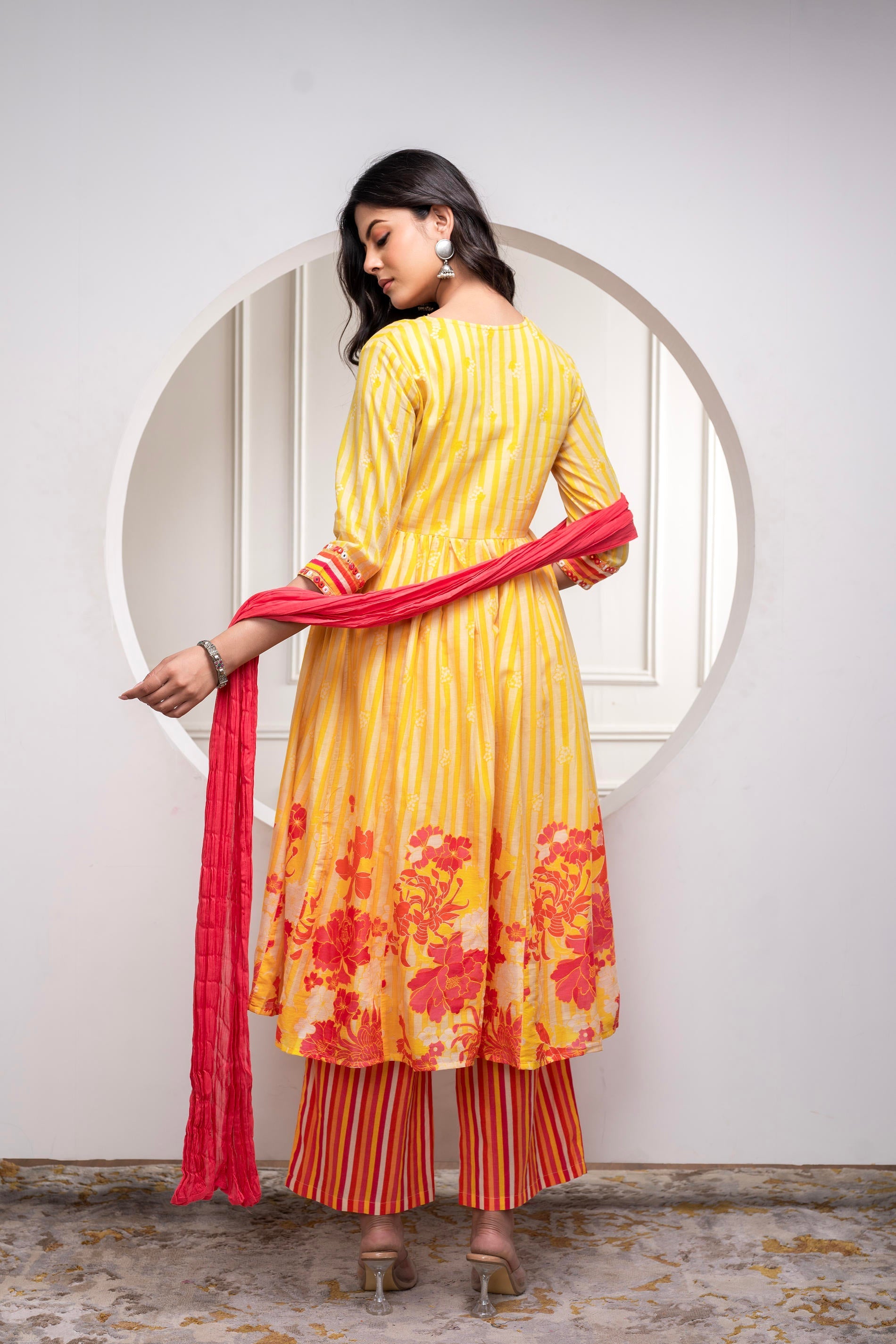 Juniper Mustard Cotton Kurta Pant & Chiffon Dupatta Set with Embroidered Floral Thread & Mirror Work - Distacart