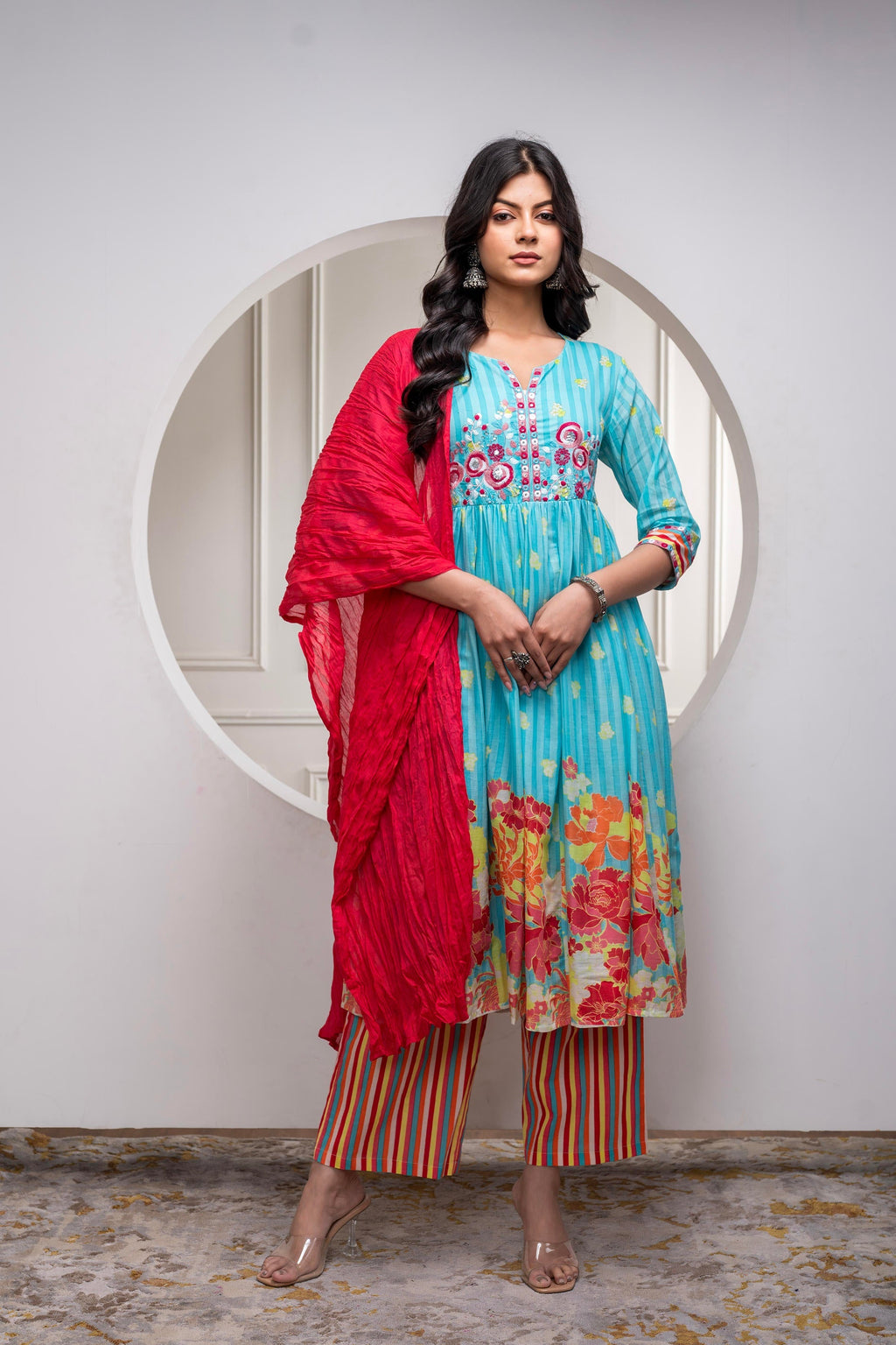 Juniper Skyblue Cotton Kurta Pant & Chiffon Dupatta Set with Embroidered Floral Thread & Mirror Work - Distacart