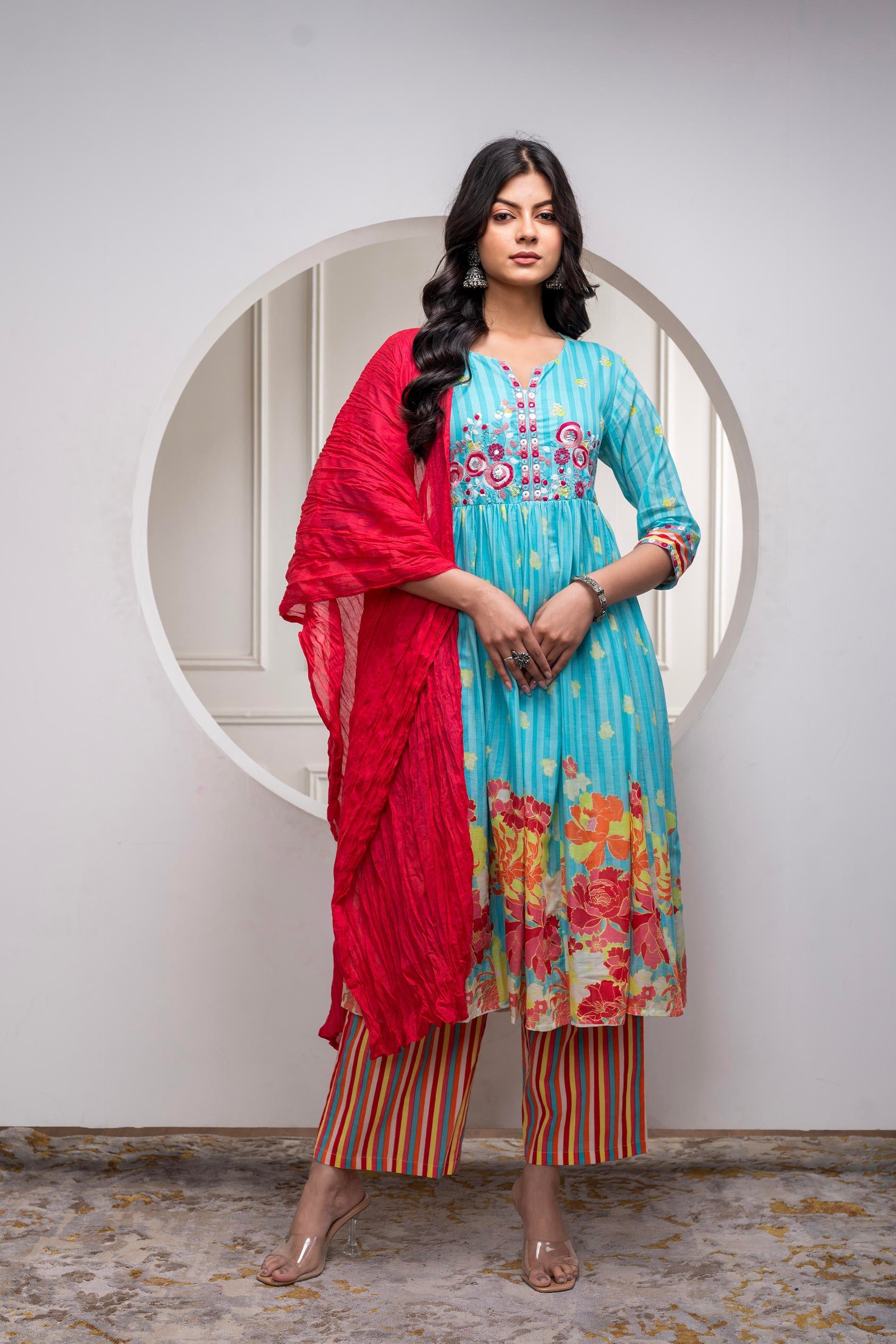 Juniper Skyblue Cotton Kurta Pant & Chiffon Dupatta Set with Embroidered Floral Thread & Mirror Work - Distacart