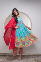 Juniper Skyblue Cotton Kurta Pant & Chiffon Dupatta Set with Embroidered Floral Thread & Mirror Work - Distacart