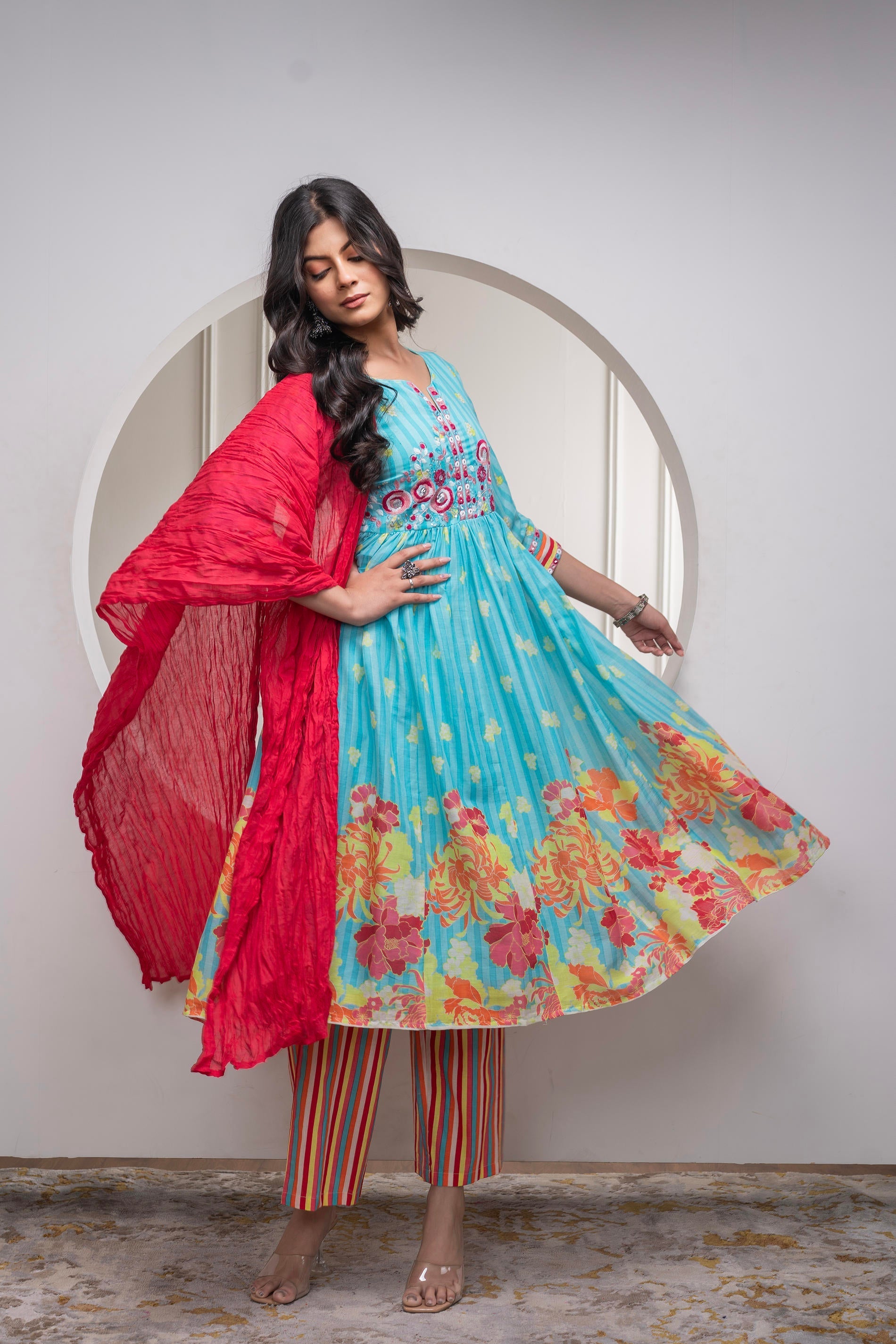 Juniper Skyblue Cotton Kurta Pant & Chiffon Dupatta Set with Embroidered Floral Thread & Mirror Work - Distacart