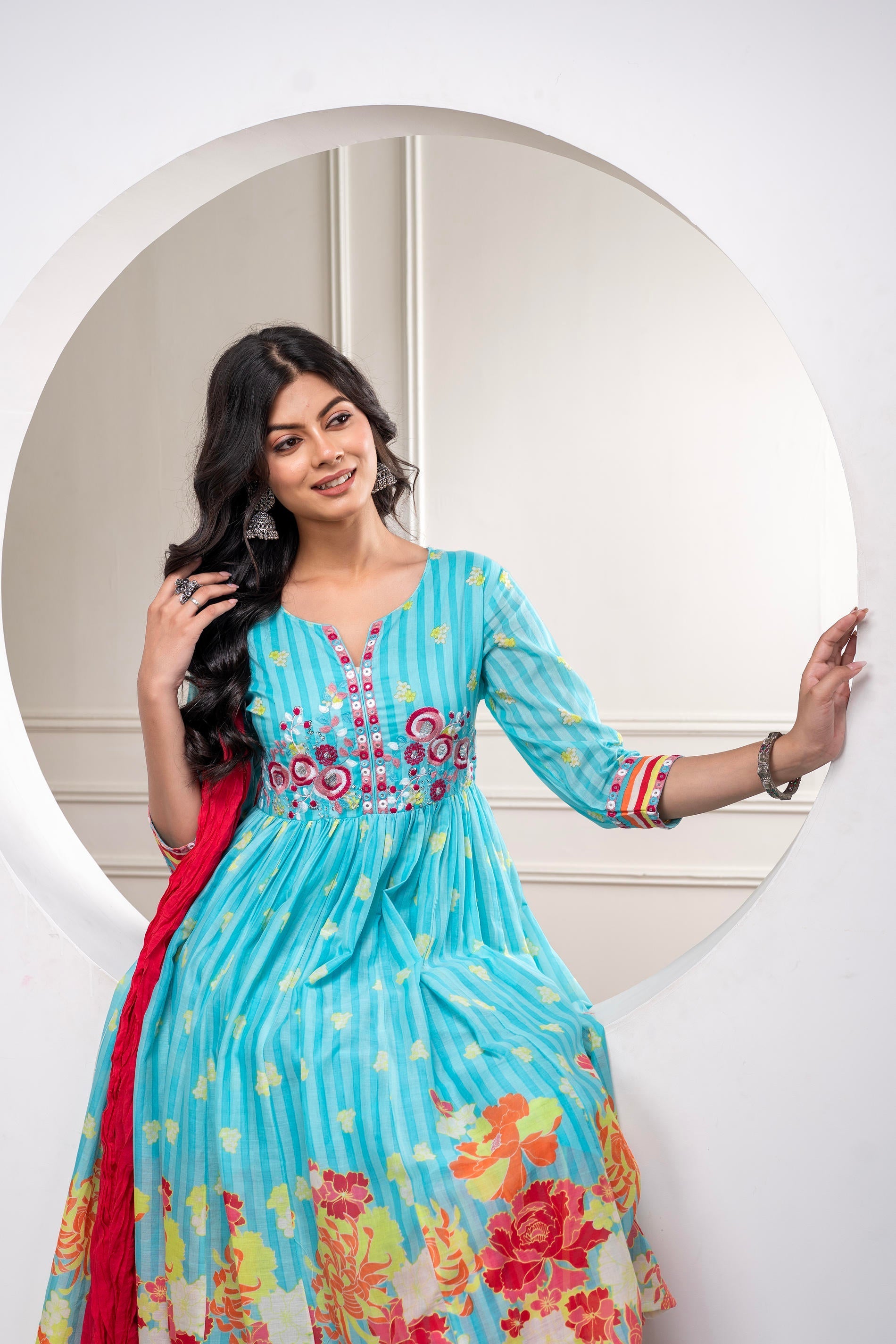 Juniper Skyblue Cotton Kurta Pant & Chiffon Dupatta Set with Embroidered Floral Thread & Mirror Work - Distacart