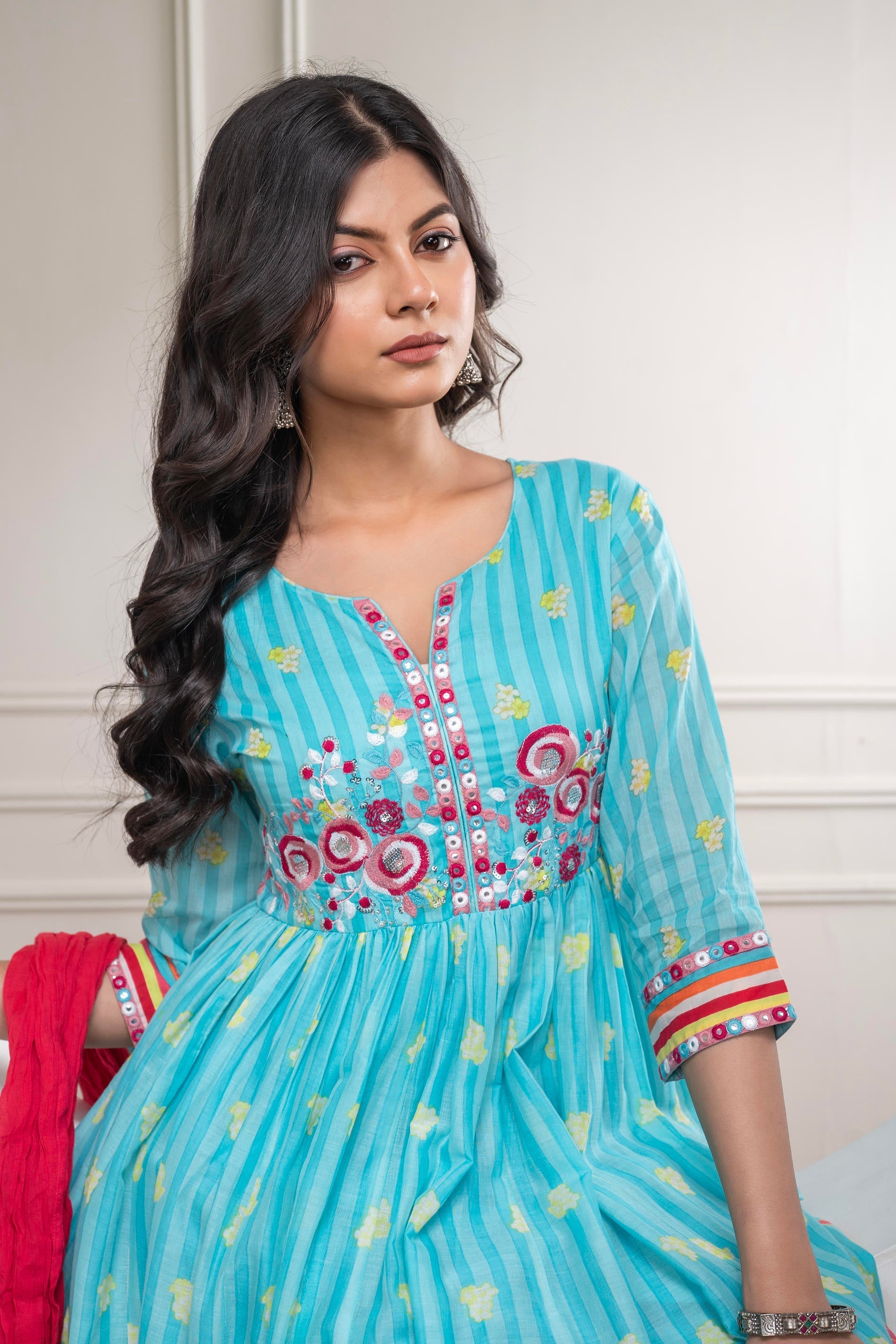 Juniper Skyblue Cotton Kurta Pant & Chiffon Dupatta Set with Embroidered Floral Thread & Mirror Work - Distacart