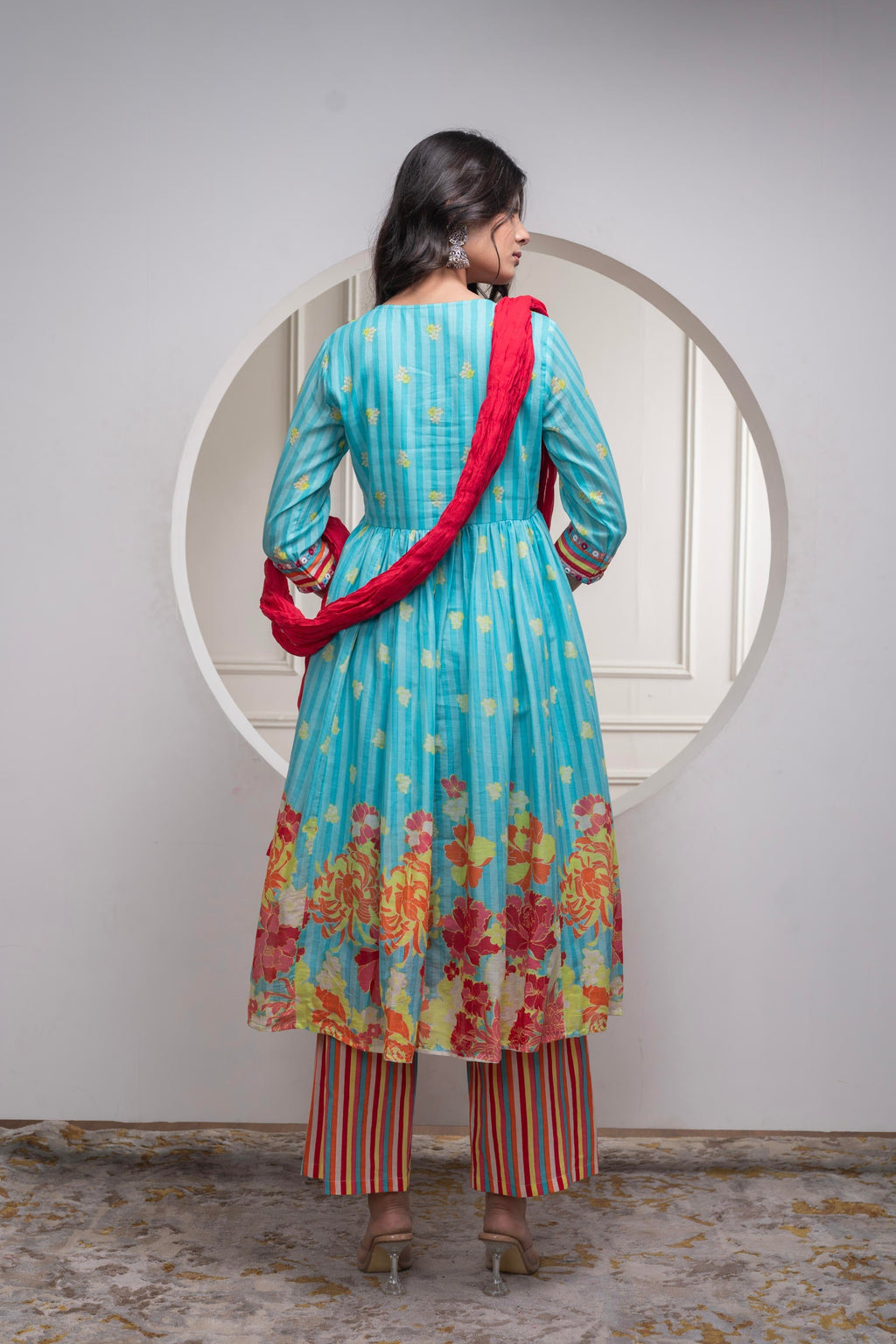 Juniper Skyblue Cotton Kurta Pant & Chiffon Dupatta Set with Embroidered Floral Thread & Mirror Work - Distacart