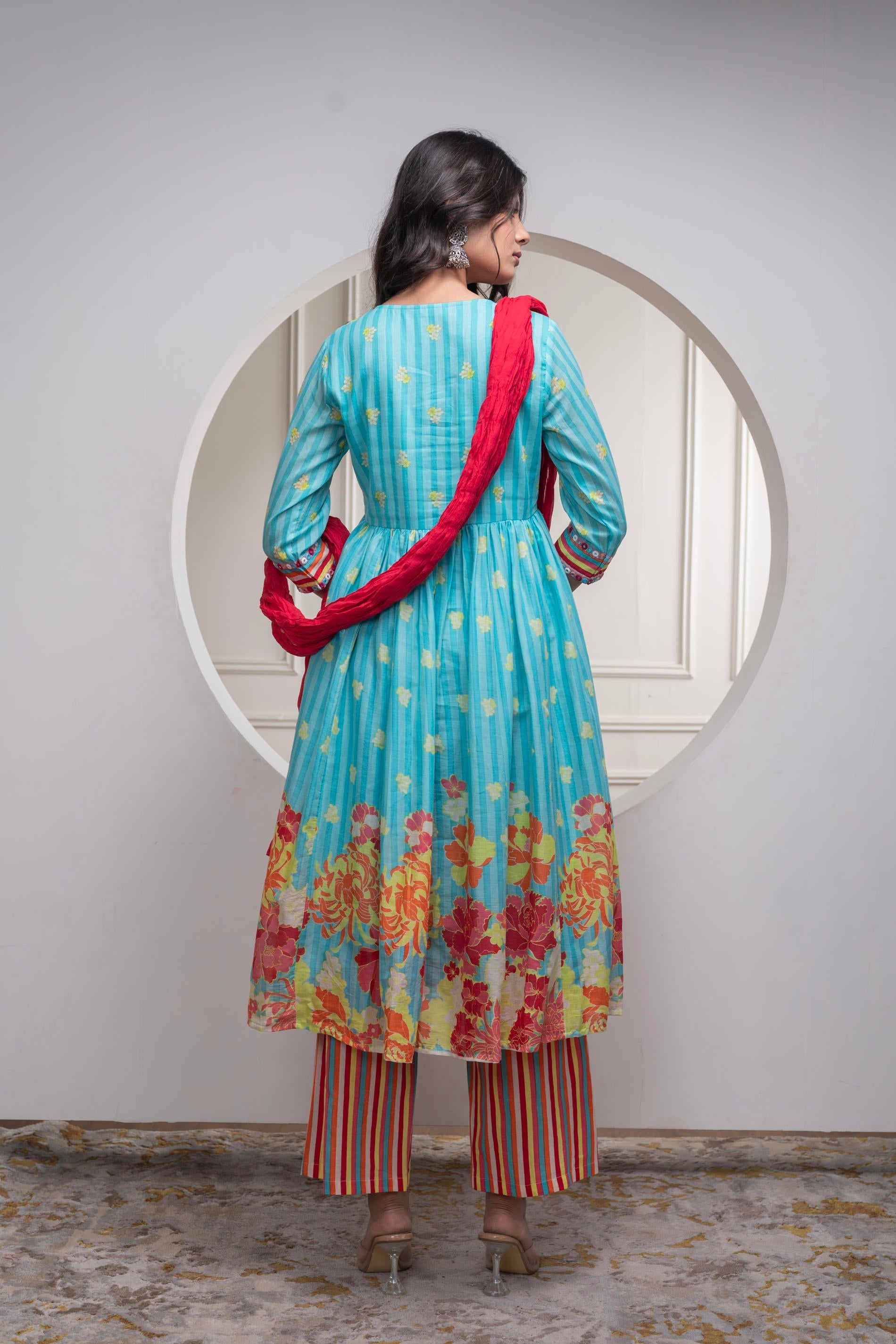 Juniper Skyblue Cotton Kurta Pant & Chiffon Dupatta Set with Embroidered Floral Thread & Mirror Work - Distacart