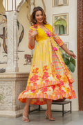 Juniper Mustard Layered Flared Dress With Inner With Sequins, Mirror Work, Dori, Tassels. - Distacart