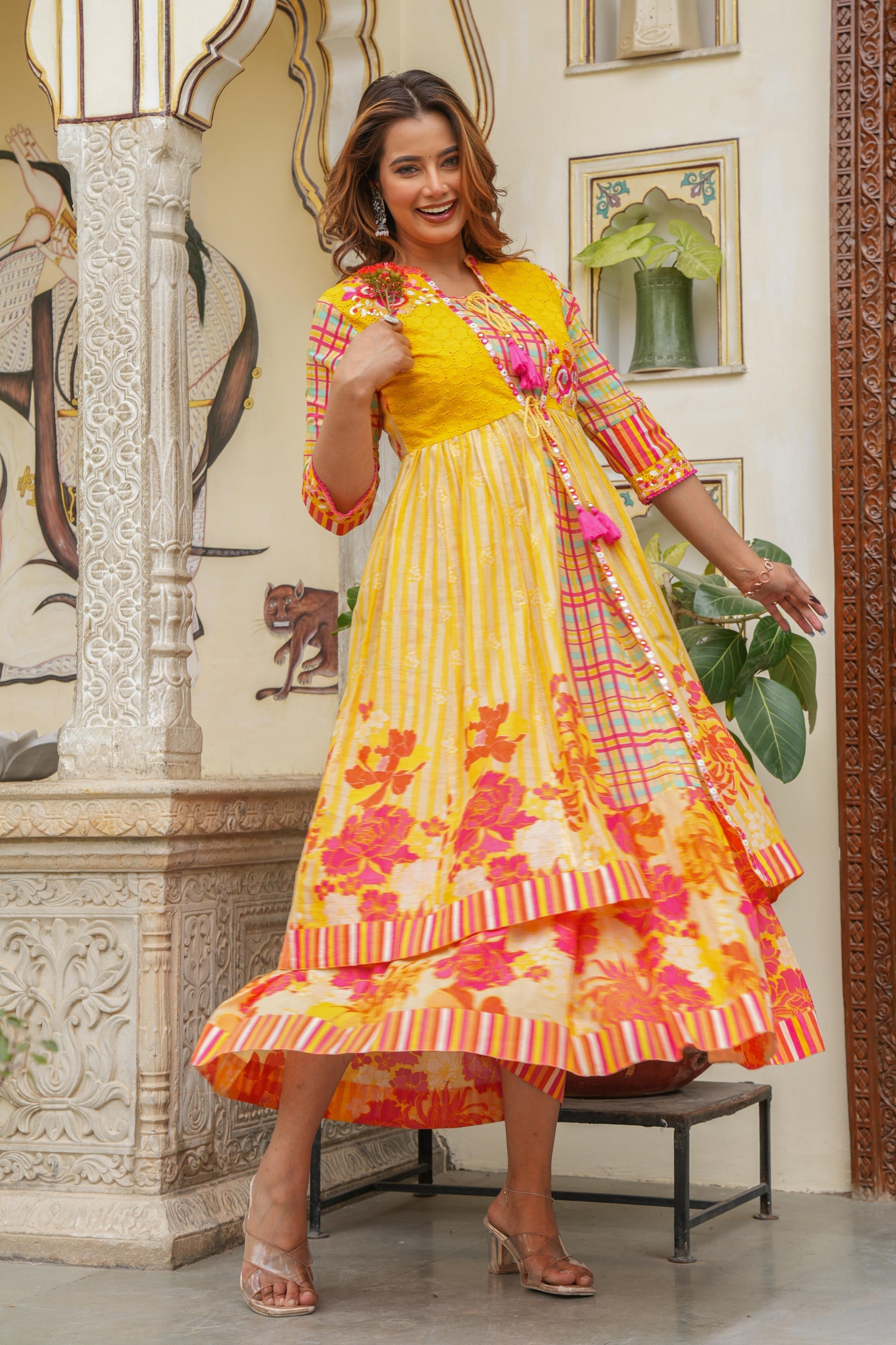 Juniper Mustard Layered Flared Dress With Inner With Sequins, Mirror Work, Dori, Tassels. - Distacart