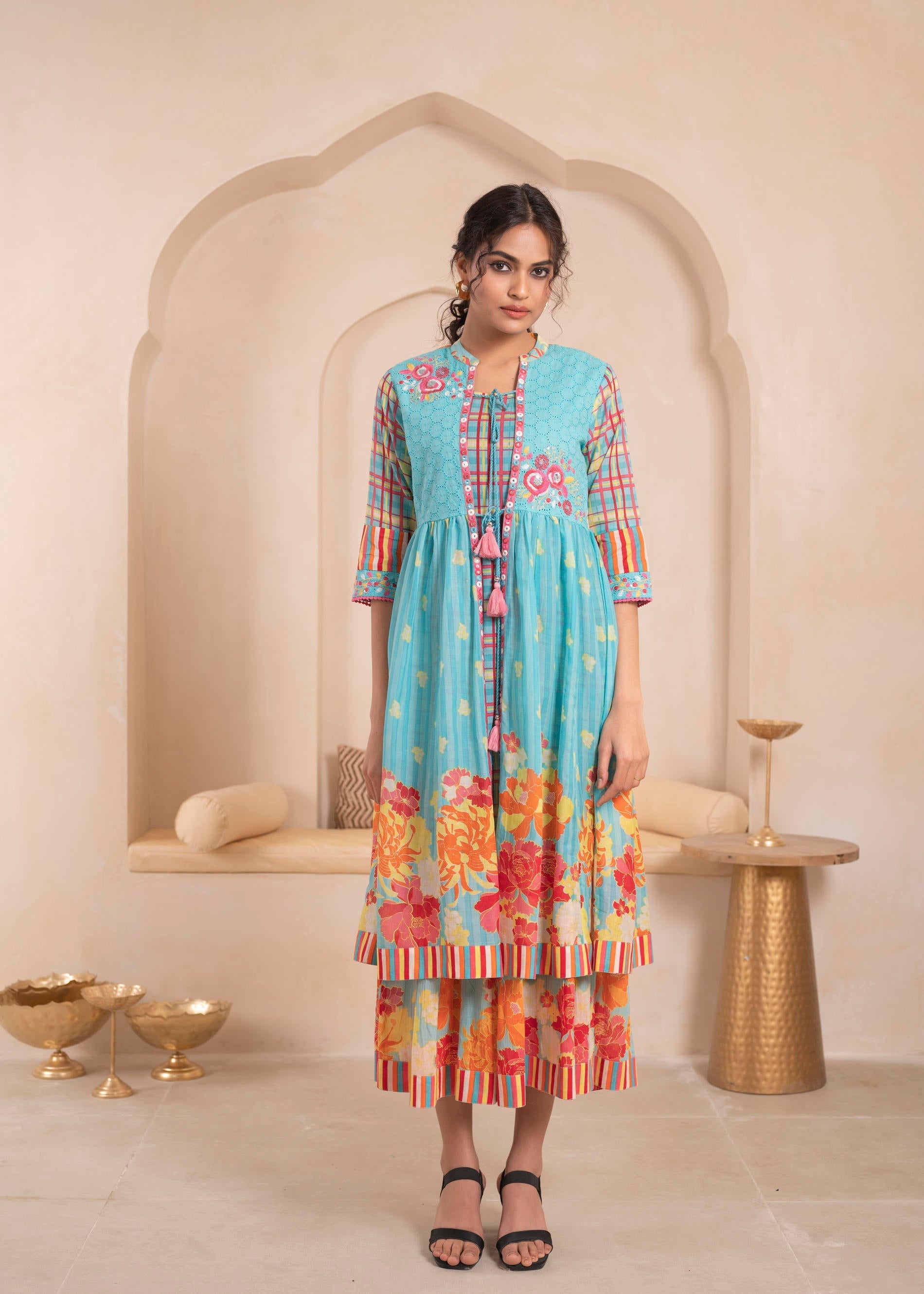 Juniper Sky Blue Layered Flared Dress With Printed Hem And Embroidered Yoke - Distacart