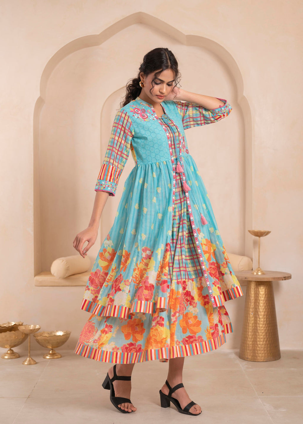 Juniper Sky Blue Layered Flared Dress with Printed Hem and Embroidered Yoke - Distacart