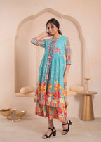 Juniper Sky Blue Layered Flared Dress with Printed Hem and Embroidered Yoke - Distacart