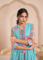 Juniper Sky Blue Layered Flared Dress with Printed Hem and Embroidered Yoke - Distacart