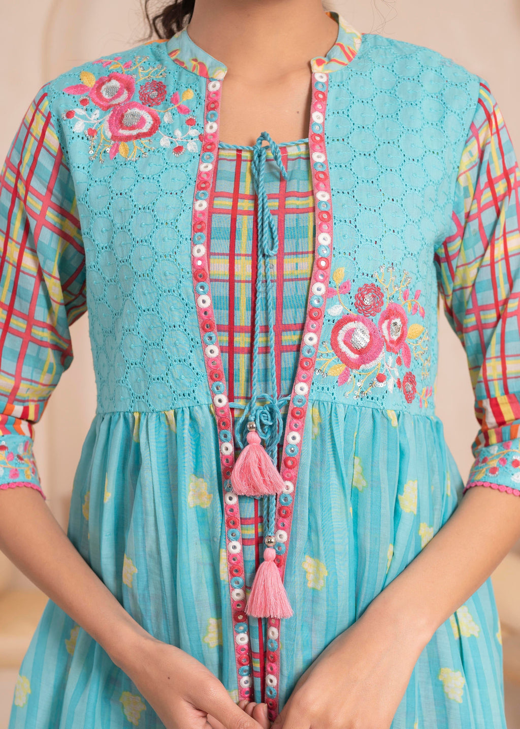 Juniper Sky Blue Layered Flared Dress with Printed Hem and Embroidered Yoke - Distacart