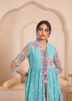 Juniper Sky Blue Layered Flared Dress with Printed Hem and Embroidered Yoke - Distacart