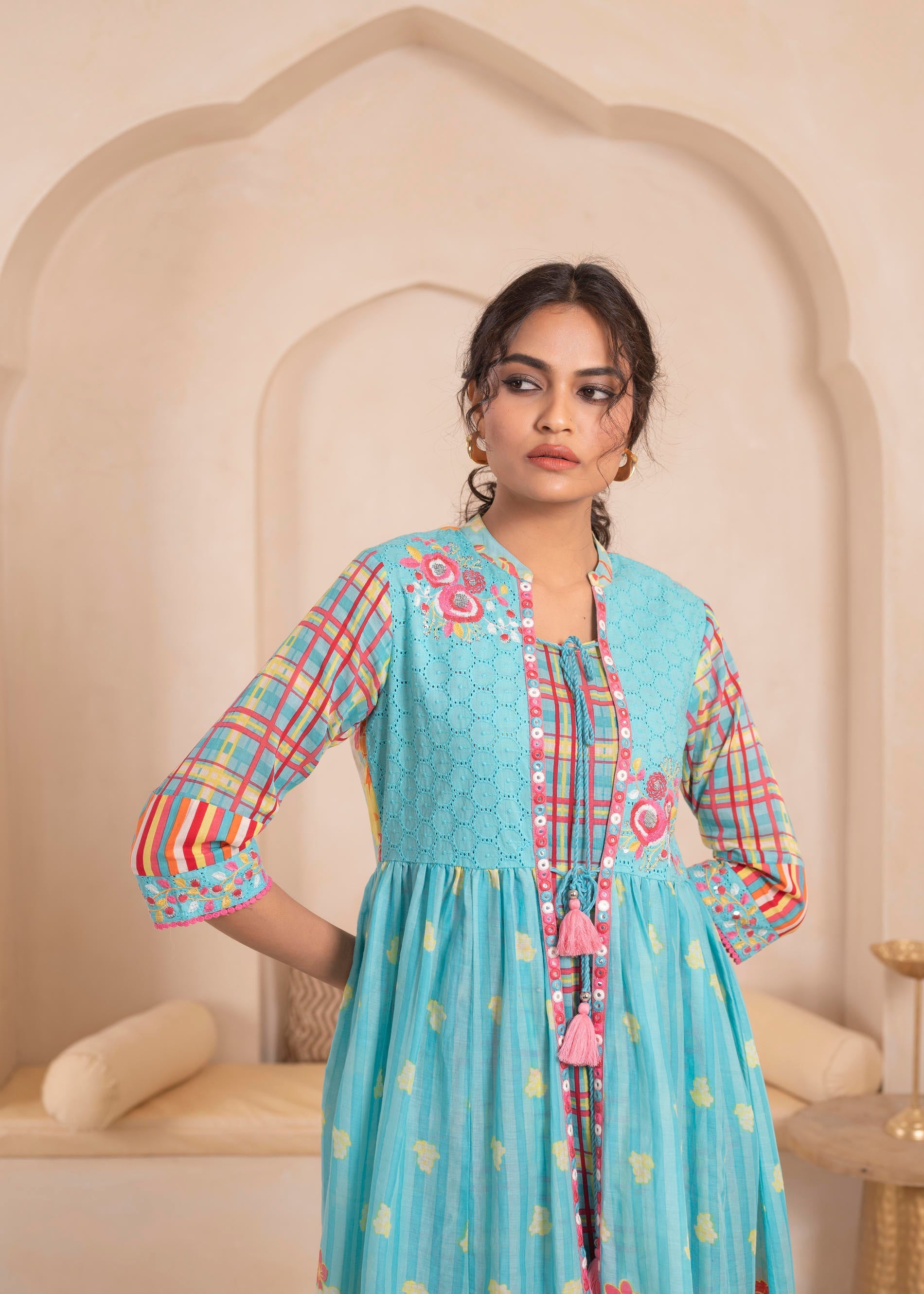 Juniper Sky Blue Layered Flared Dress with Printed Hem and Embroidered Yoke - Distacart