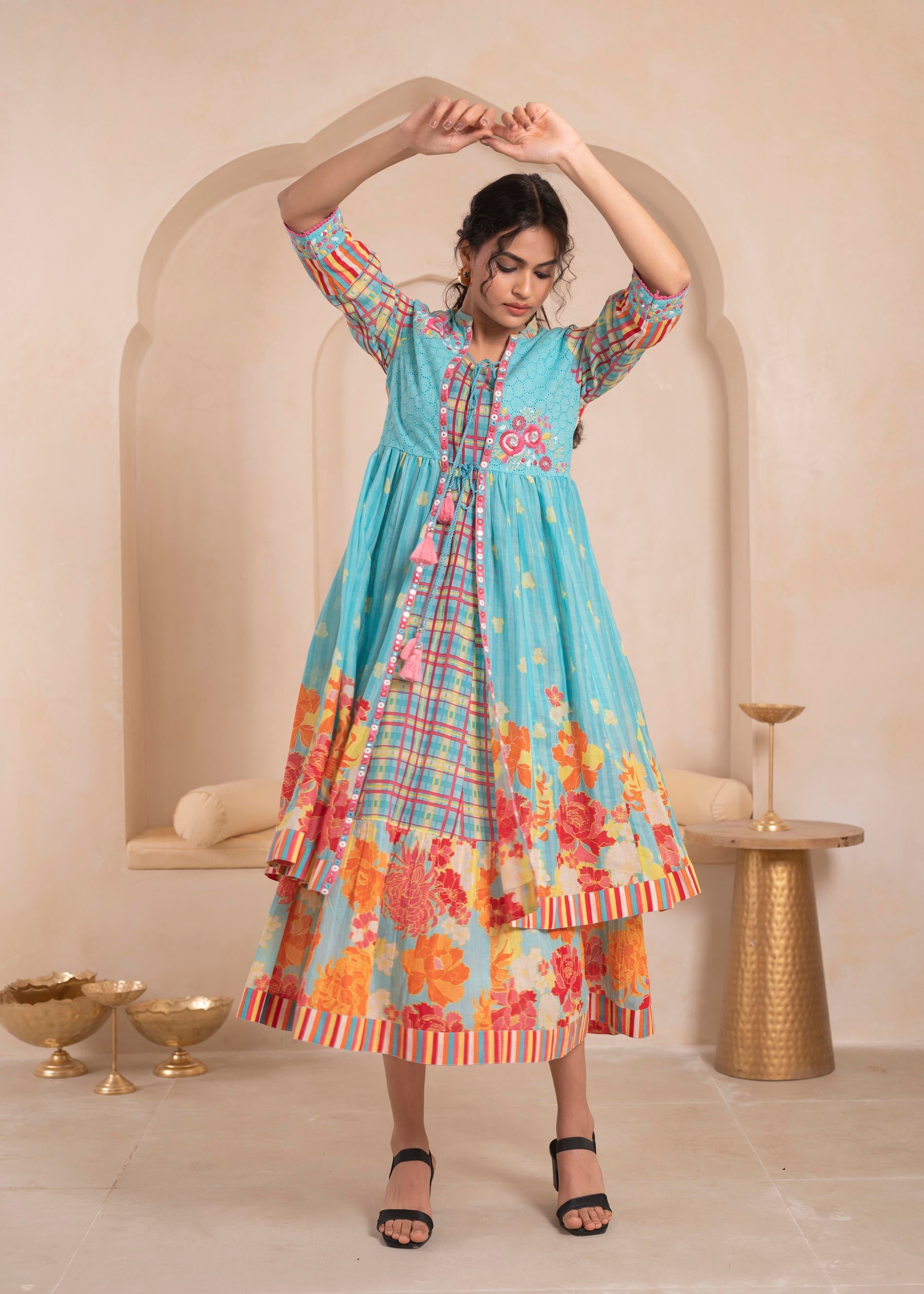 Juniper Sky Blue Layered Flared Dress with Printed Hem and Embroidered Yoke - Distacart