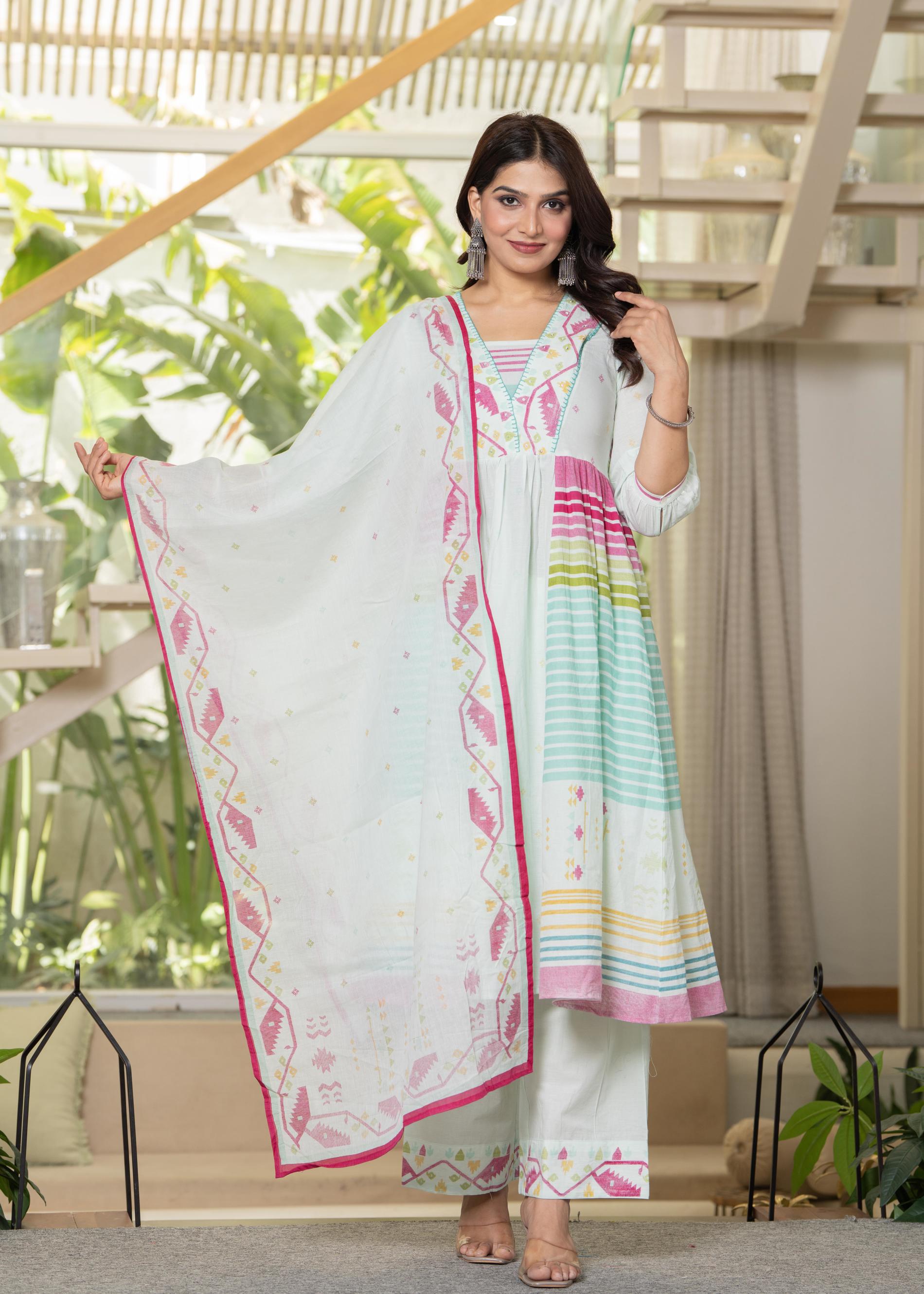 Juniper Pista Green Striped Kurta Set With Tribal Print Detailing And Dupatta - Distacart