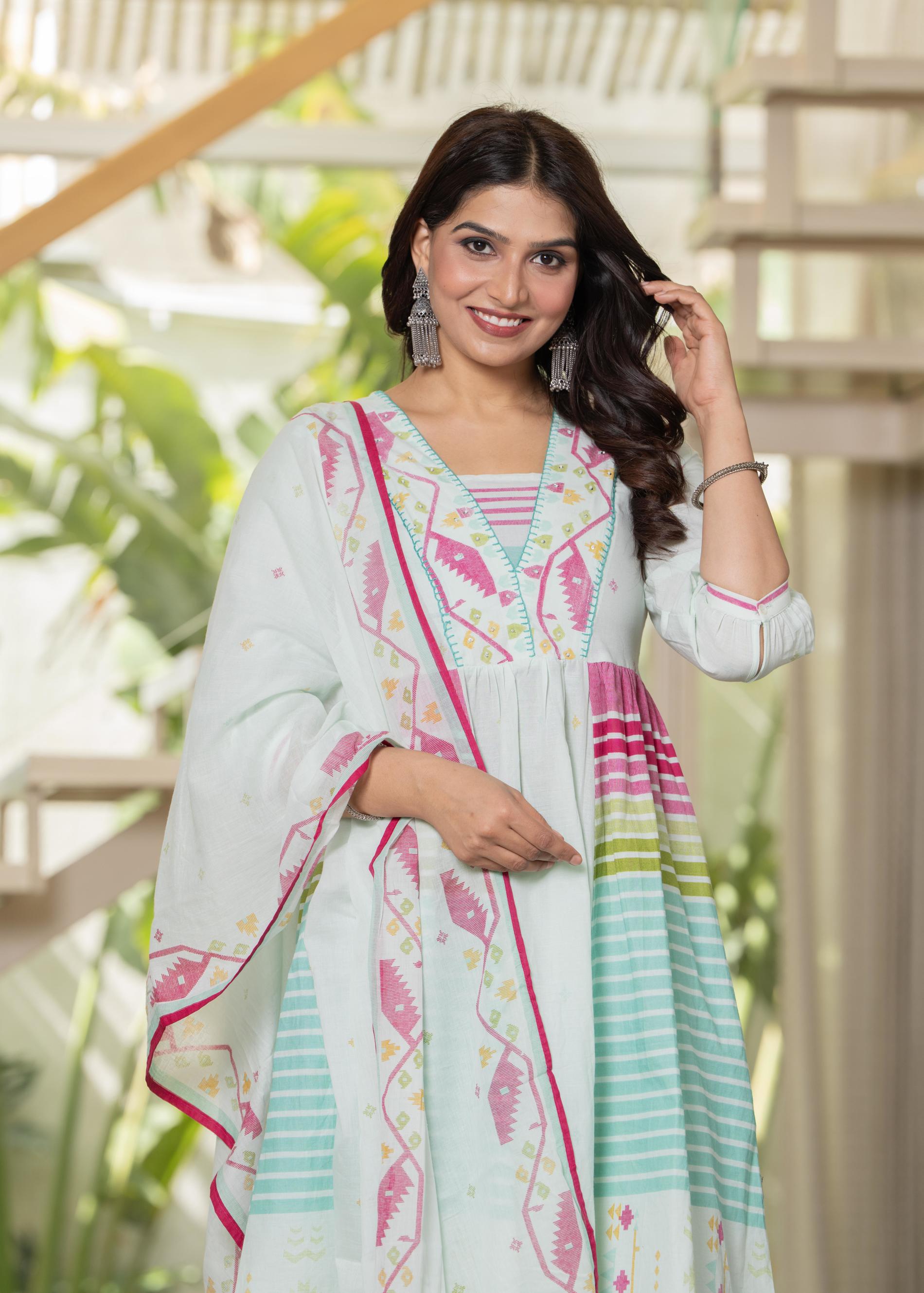 Juniper Pista Green Striped Kurta Set with Tribal Print Detailing and Dupatta - Distacart