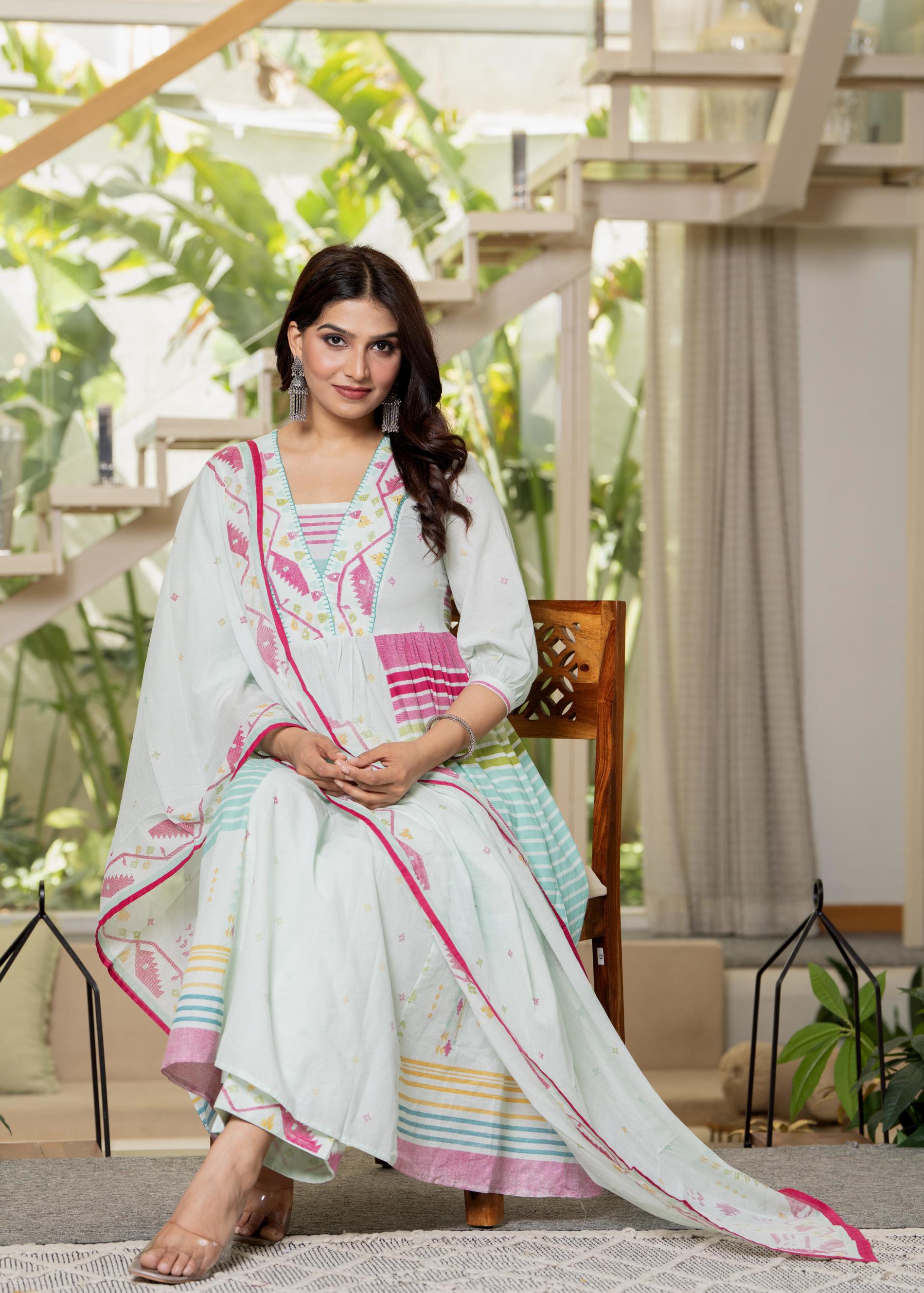 Juniper Pista Green Striped Kurta Set with Tribal Print Detailing and Dupatta - Distacart
