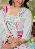 Juniper Pista Green Striped Kurta Set with Tribal Print Detailing and Dupatta - Distacart