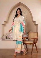 Juniper Ivory Printed Kaftan-Style Kurta Set with Drawstring Waist and Tribal Pastel Print - Distacart
