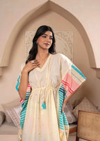 Juniper Ivory Printed Kaftan-Style Kurta Set with Drawstring Waist and Tribal Pastel Print - Distacart