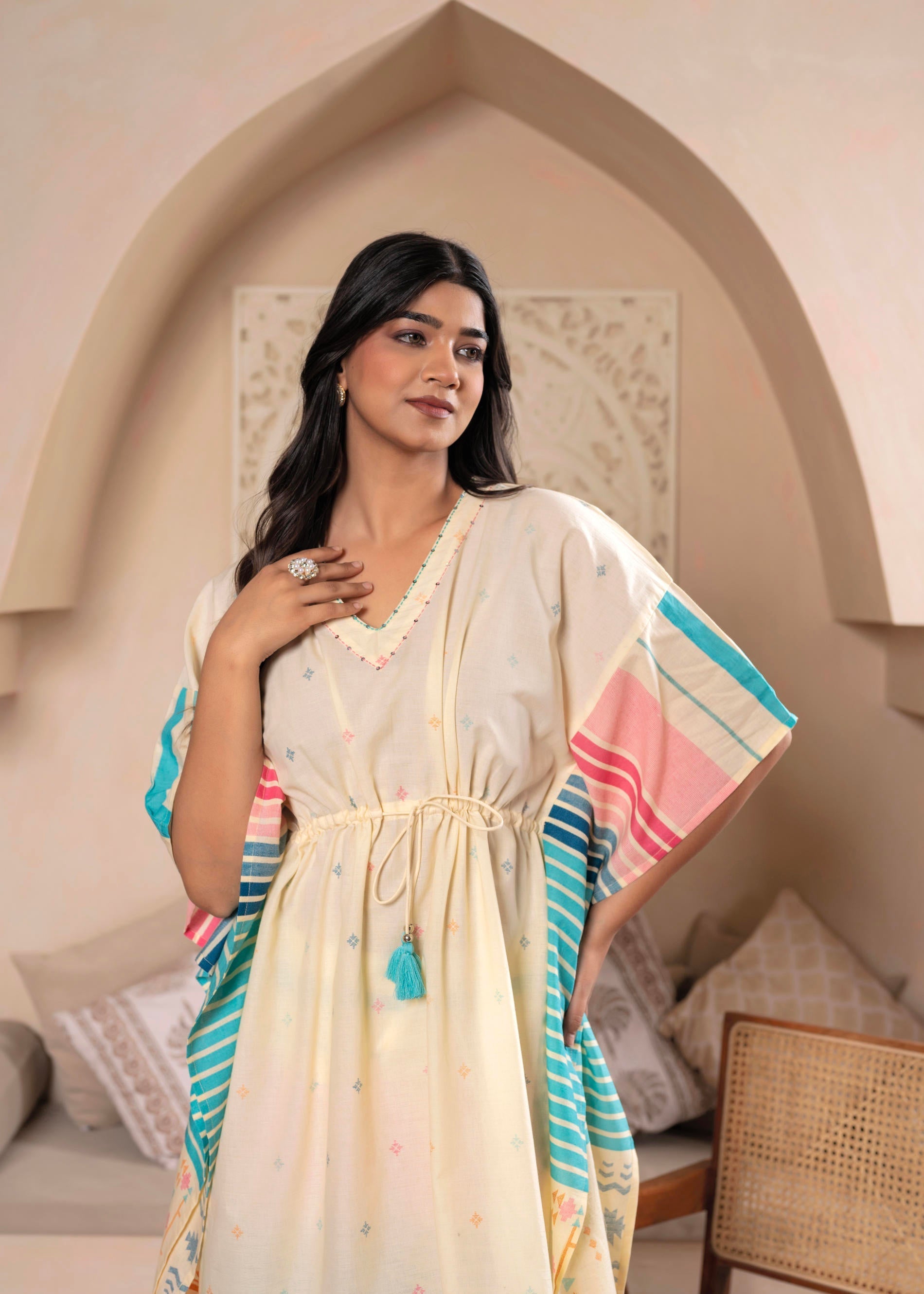 Juniper Ivory Printed Kaftan-Style Kurta Set with Drawstring Waist and Tribal Pastel Print - Distacart