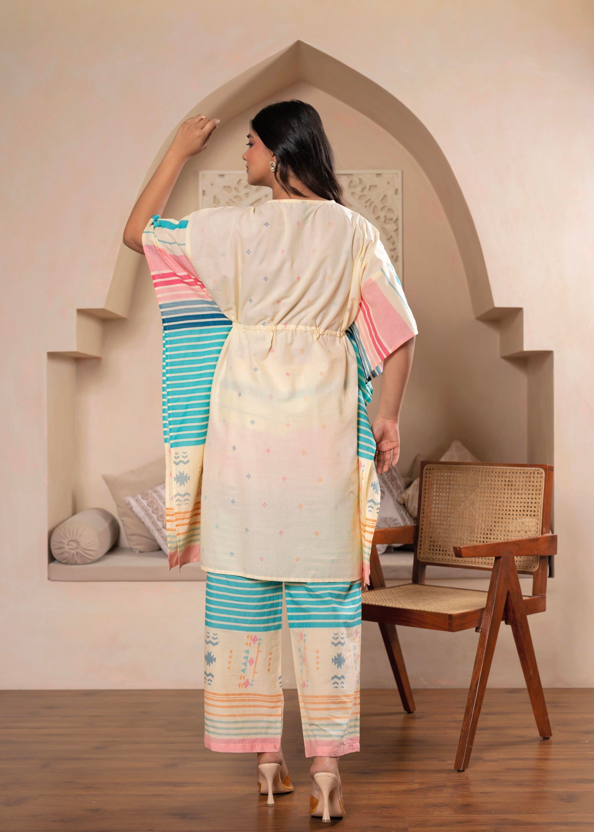 Juniper Ivory Printed Kaftan-Style Kurta Set with Drawstring Waist and Tribal Pastel Print - Distacart