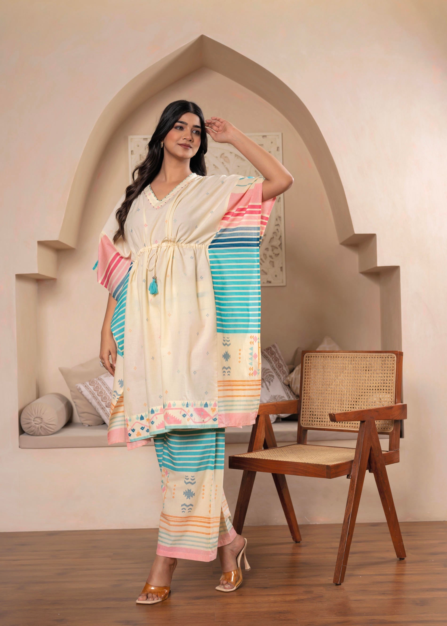 Juniper Ivory Printed Kaftan-Style Kurta Set with Drawstring Waist and Tribal Pastel Print - Distacart