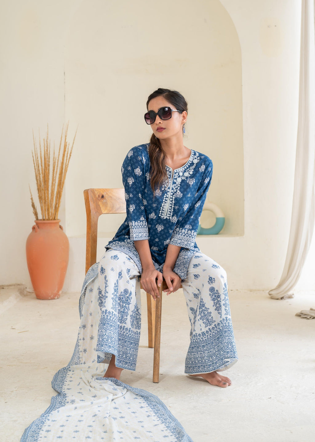 Juniper Floral Embroidered Cotton Kurta, Printed Straight-Fit Pants - Distacart
