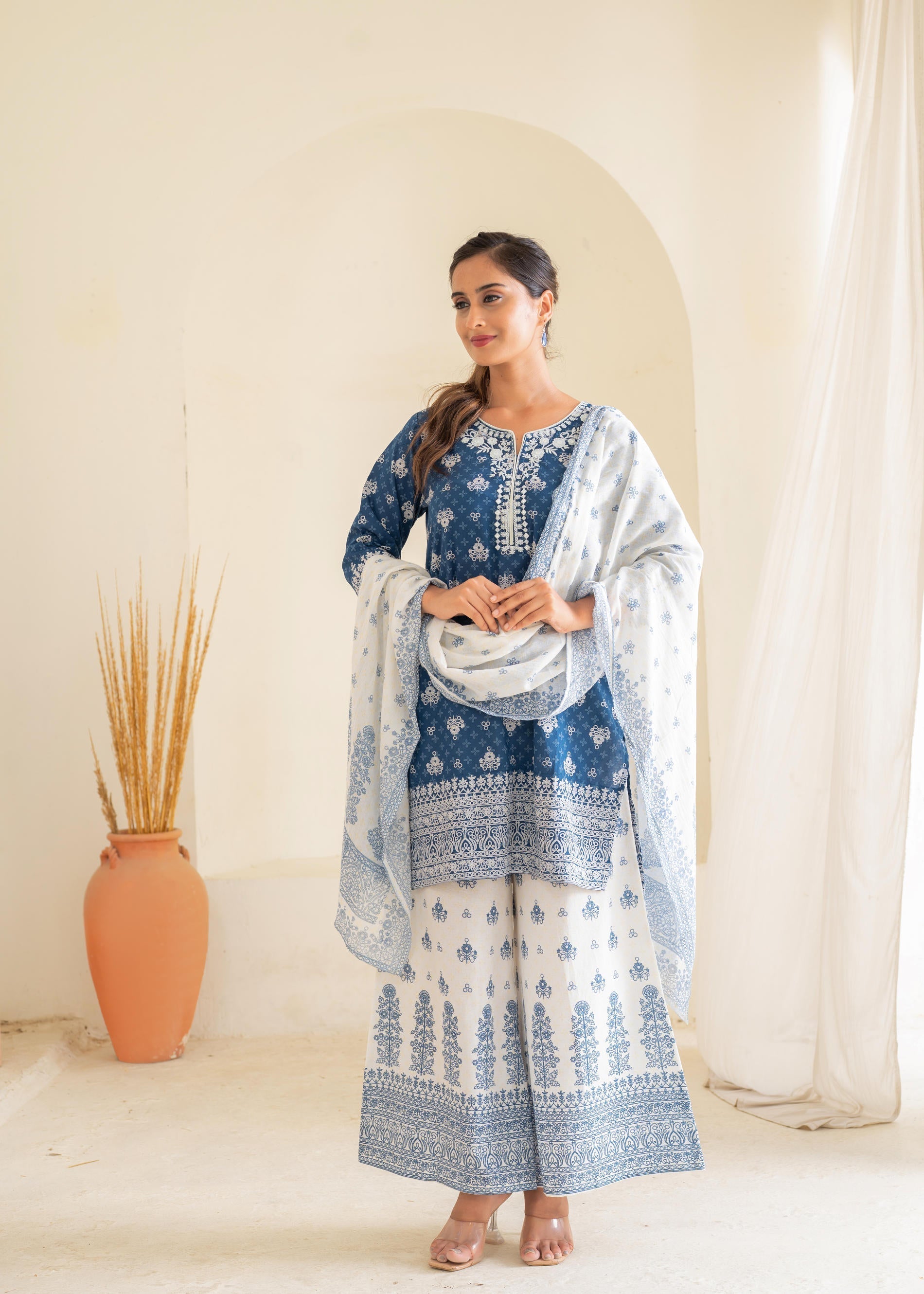 Juniper Floral Embroidered Cotton Kurta, Printed Straight-Fit Pants - Distacart