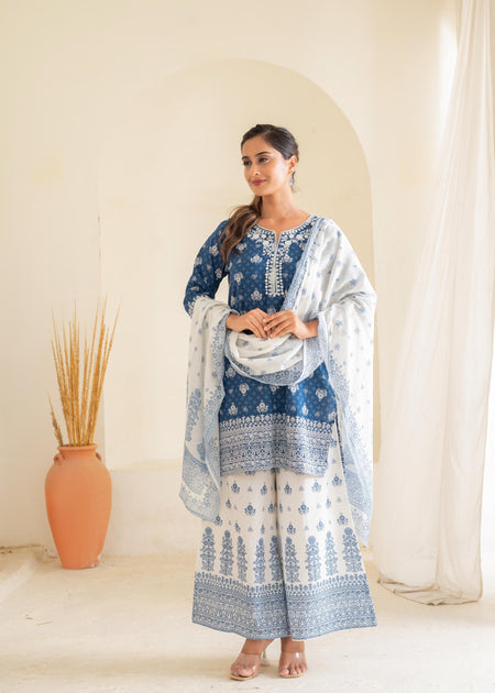 Juniper Floral Embroidered Cotton Kurta, Printed Straight-Fit Pants